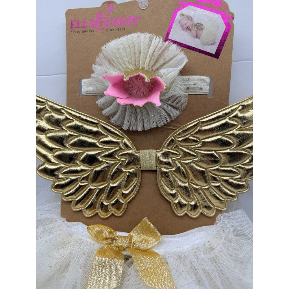 Elly & Emmy Baby 3 Piece Tutu Set Gold Angel Wings Crown Headband White 0-12M